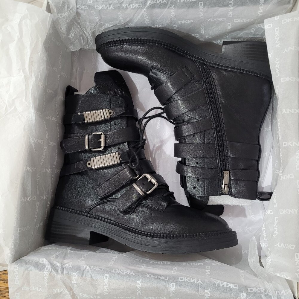 DKNY Black Buckled Combat Boots. Silver-Tone Metal Accents. 7. New. - Picture 6 of 13